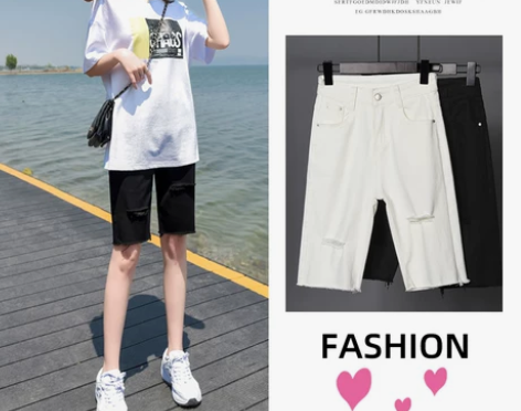 破洞五分裤女牛仔短裤夏季薄款显瘦紧身高腰网...