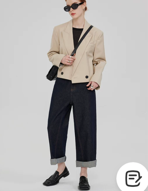 复古丹宁黑蓝色宽松高腰小直筒牛仔裤女202...