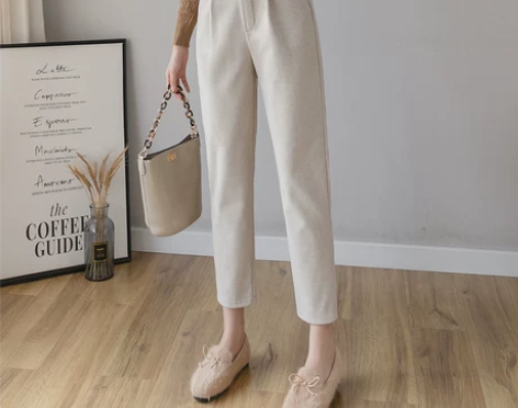小个子西装裤女秋冬米白色呢子小脚西裤直筒毛...