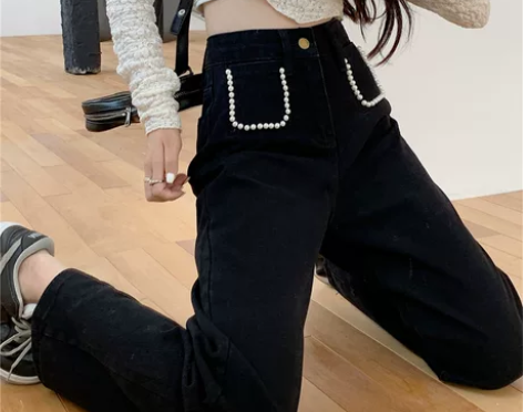 春季新款牛仔裤女珍珠口袋设计感大码高腰显瘦...