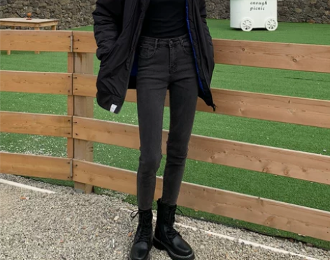 牛仔铅笔裤 铅笔烟灰色裤女九分加厚加棉加绒...