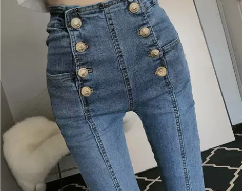 网红高腰收腹双排扣显瘦春装修身牛仔裤女弹力...