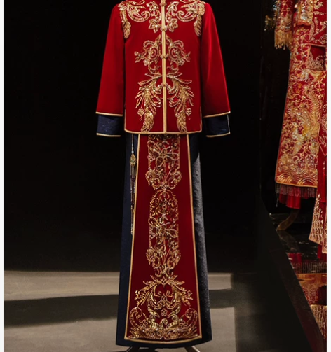 新款秀禾服男装丝绒款中式新郎结婚礼服龙凤褂...