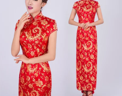旗袍长款礼仪红色酒店迎宾颁奖小姐服复古新娘...