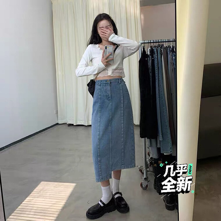 不规则半身裙2020年新款秋女复古洗水牛仔...