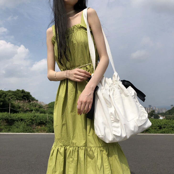 原创小众设计束口抽绳两用荷叶边口袋帆布包1...