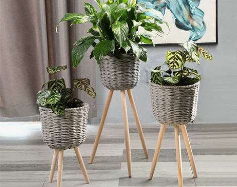 处理一批手工编织花盆 简约木质落地花架绿萝...