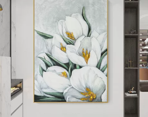 手绘油画轻奢郁金香花卉金箔餐厅挂画北欧客厅...