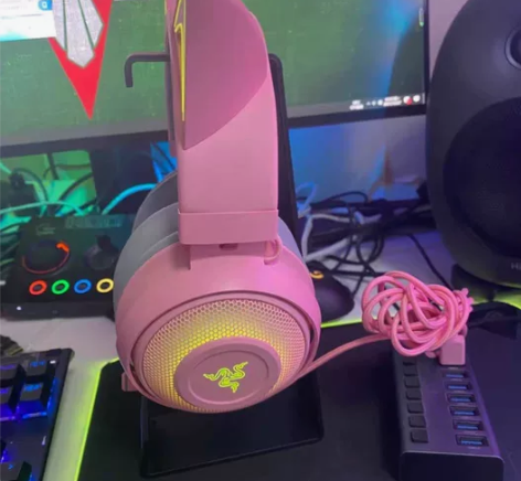 正品雷蛇北海巨妖猫萌粉晶，黑色7.1声道头...