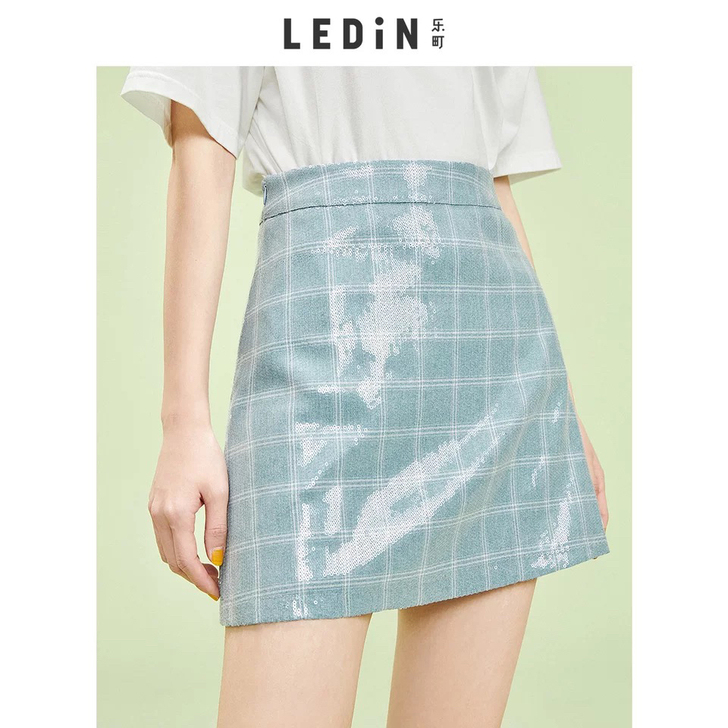 乐町珠片半身裙女装2020夏季新款珠片格纹...