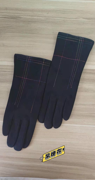 全新品牌羊反绒女式手套 黑色 彩色线条装饰...