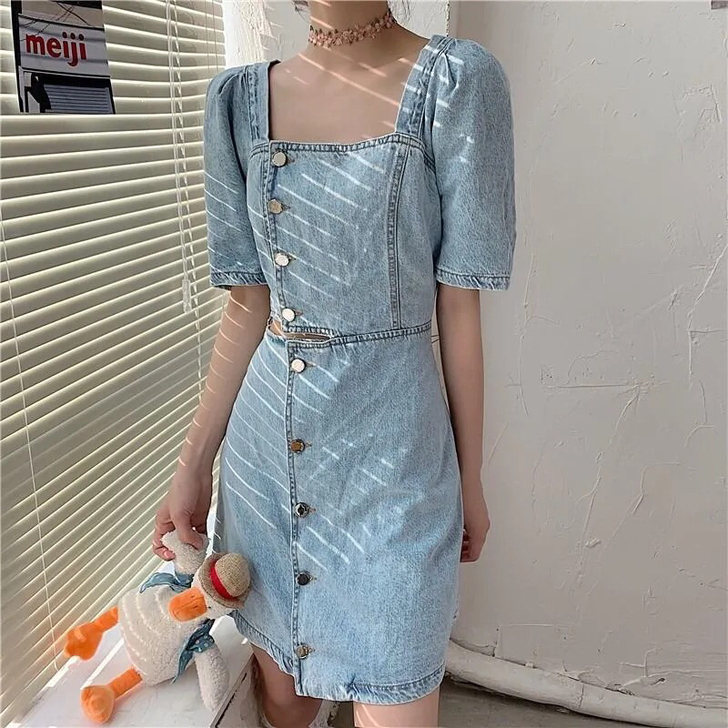 复古牛仔连衣裙露腰女夏季法式少女方领心机设...