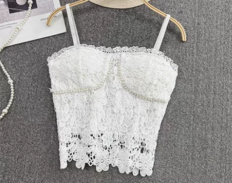 全新钩花镂空钉珠蕾丝吊带背心女外穿带胸垫抹...