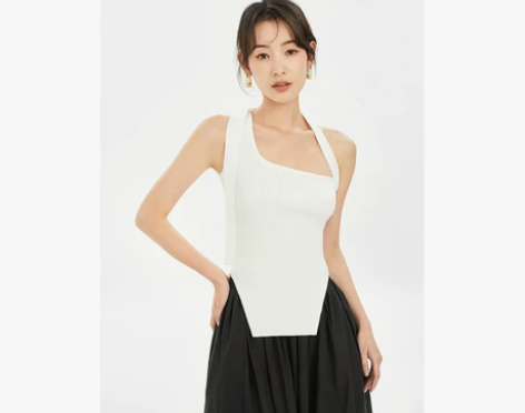 ANNACHIC斜肩白色针织吊带背心女夏不...