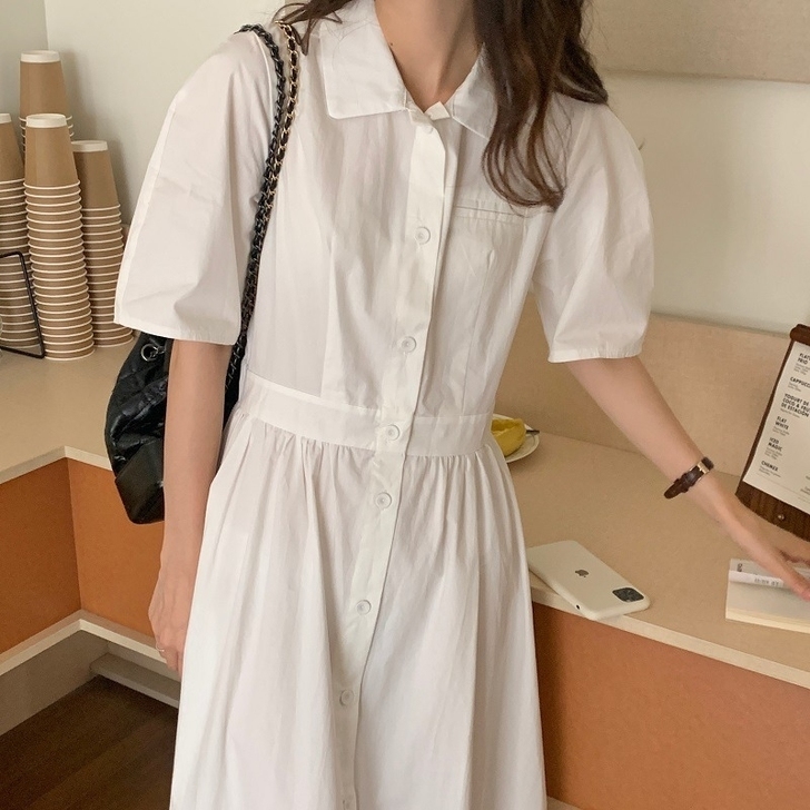 韩国chic夏季法式翻领单排扣收腰显瘦短袖...