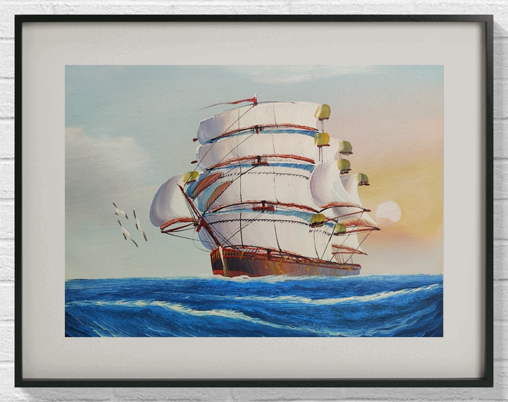 一帆风顺手绘油画 帆船大海礼品送人装饰画挂画