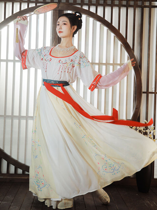 柒邑原创汉服女坦领三件套齐腰襦裙中国风非古...