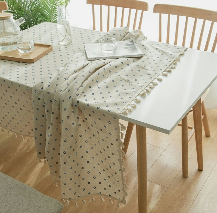 清货印花田园棉麻台布桌布家用盖巾流苏花边书...