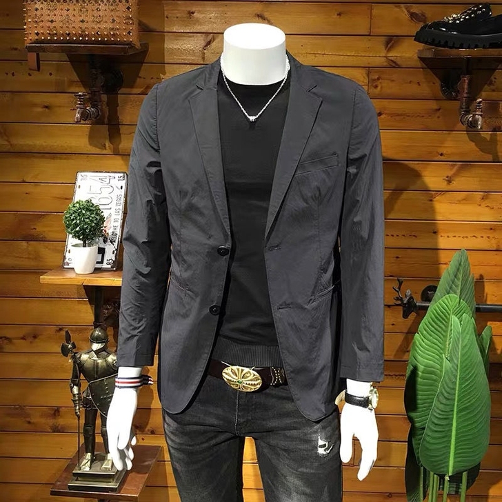 潮男春夏2021新款男装韩版潮流西装外套黑...