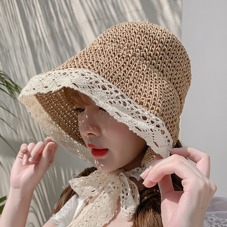 【火拼价】网红草帽女夏蕾丝系带沙滩帽小清新...