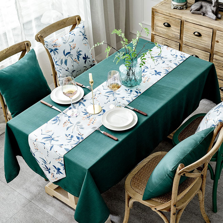 美式复古墨绿色桌布轻奢日式棉麻长方形台布茶...