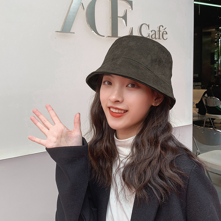 麂皮绒渔夫帽女秋韩版潮百搭显脸小遮阳水桶帽...