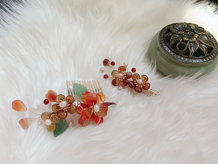 汉服发簪玛瑙发梳发夹，清材料有瑕