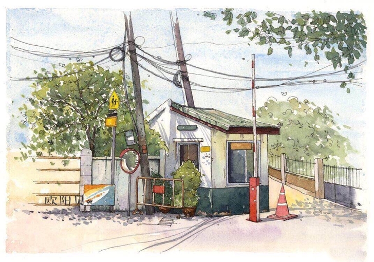 绘画素材日系森系清新水彩图 建筑街景商铺作...