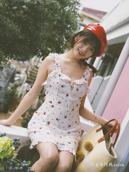 夏新款白色小玫瑰印花木耳边吊带小仙女裙法#...