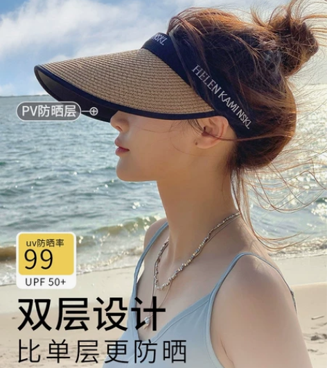 空顶uv防晒帽女夏防紫外线大帽檐沙滩遮阳草...