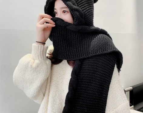 毛线帽子围巾一体女秋冬带围脖包头帽加绒加厚...