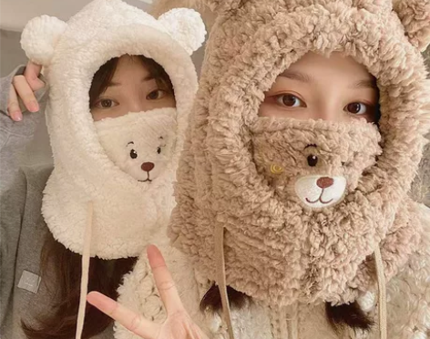 帽子女围脖一体秋冬新款羊羔绒小熊口罩刺绣雷...