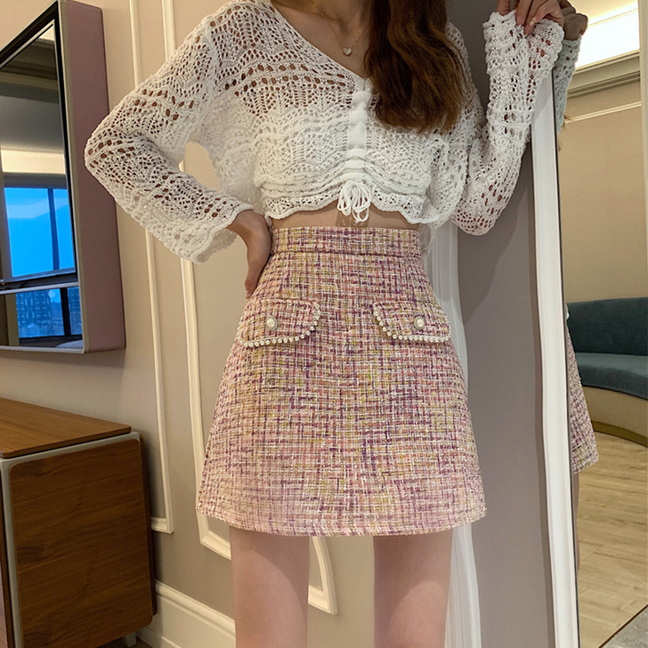格子小香风短裙半身裙设计感小众毛呢高腰a字...