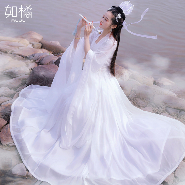 汉服女中国风原创白色连衣裙齐腰古装广袖流仙...