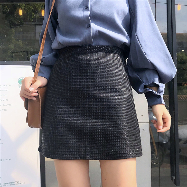 闪光半身裙大码女装高腰ins包臀一步裙胖M...