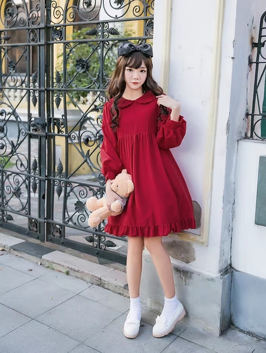 全新 红色泡泡袖连衣裙