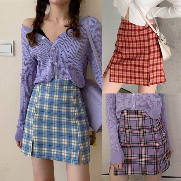 格子半身裙大码高腰ins包臀一步裙夏季胖M...