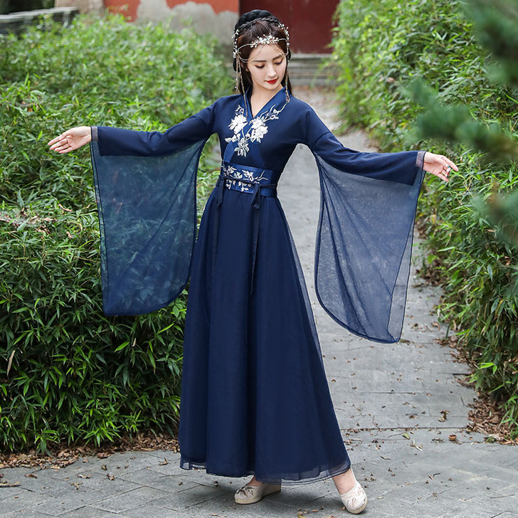 蓝色汉服女中国风秋冬广袖流仙裙古风飘逸超仙...