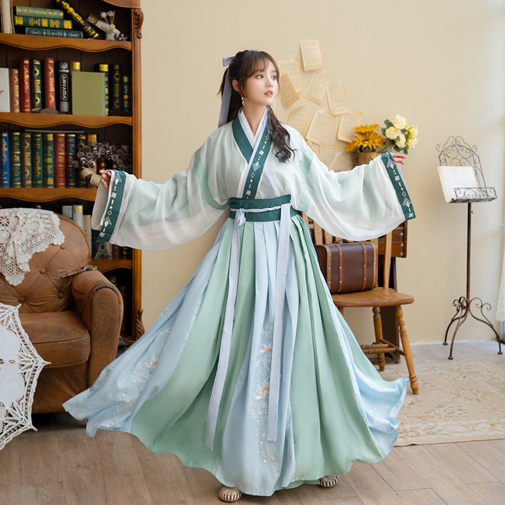 清梳铃珑原创汉服女晋制刺绣撞色交领齐腰襦裙...