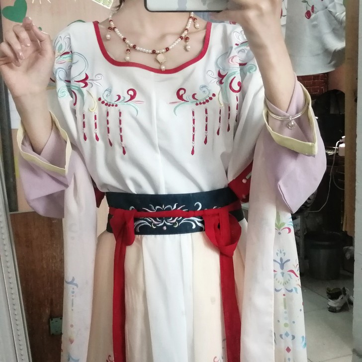 柒邑正品原创汉服女坦领三件套齐腰襦裙中国风...