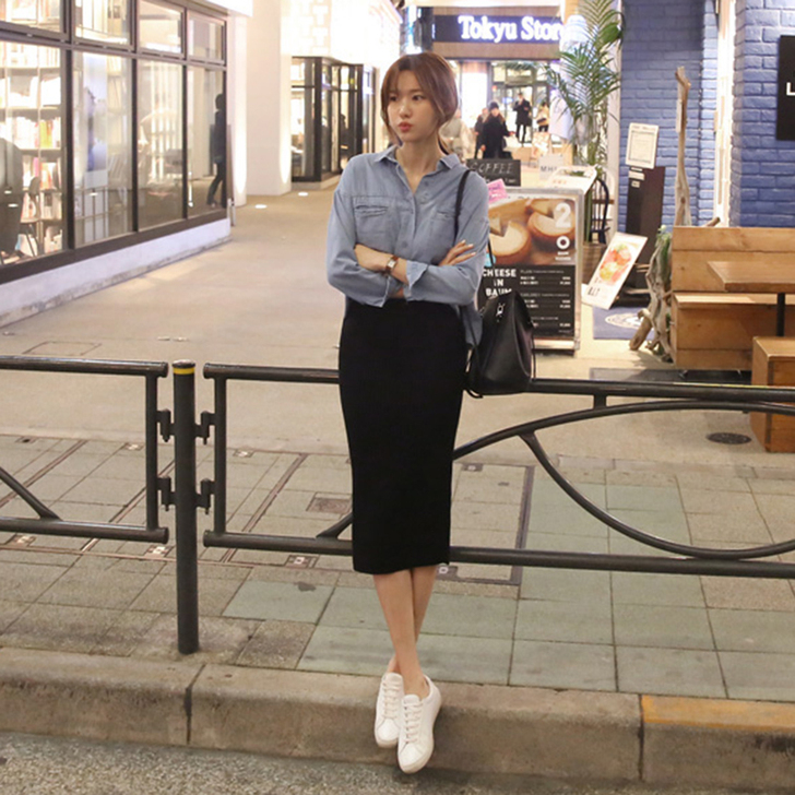 开叉半身裙长裙高腰一步裙女春夏韩版休闲裙黑...