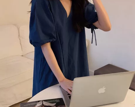 Chic小V领泡泡袖连衣裙女短款…深蓝色 ...
