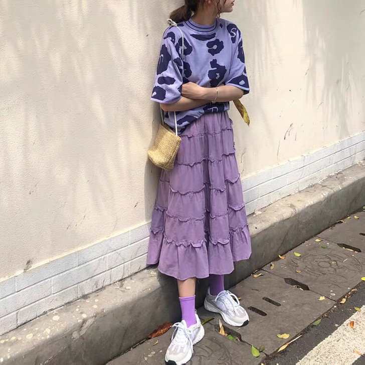 韩版木耳边a字半身裙女高腰中长款学生裙流行...