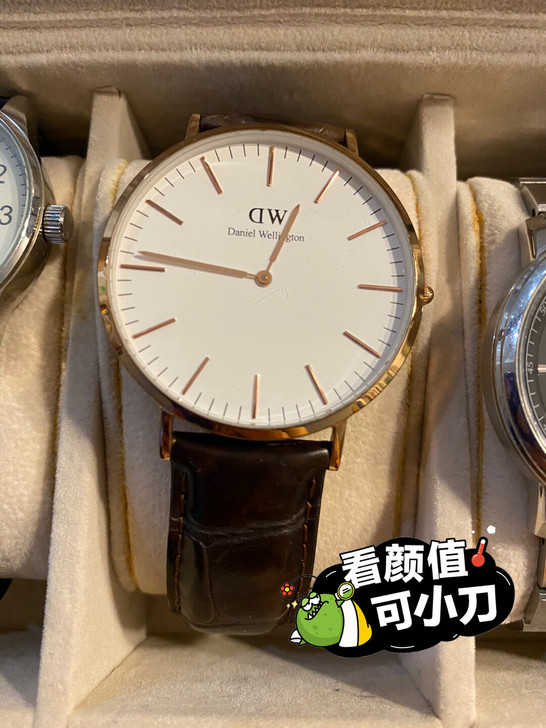 DW男士手表,棕色真皮鳄鱼皮花纹表带,白色...