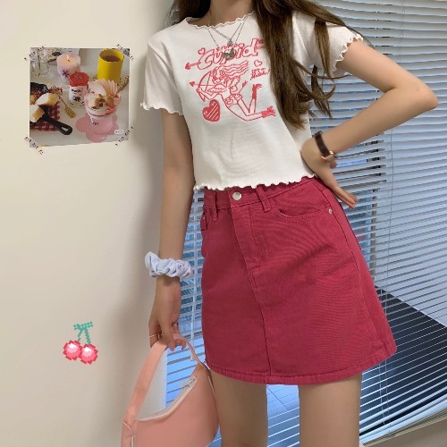 高腰显瘦包臀辣妹a字短裙子甜酷风格玫红色小...