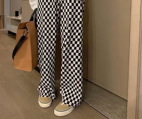 黑白棋盘格休闲直筒高腰显瘦宽松阔腿裤女，需...