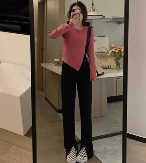 灯芯绒开叉阔腿裤女春秋季2021新款高腰垂...