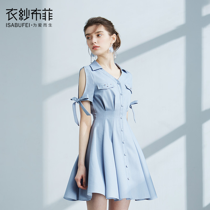 望夏 衬衫露肩小清新文艺连衣裙港味初恋裙复...