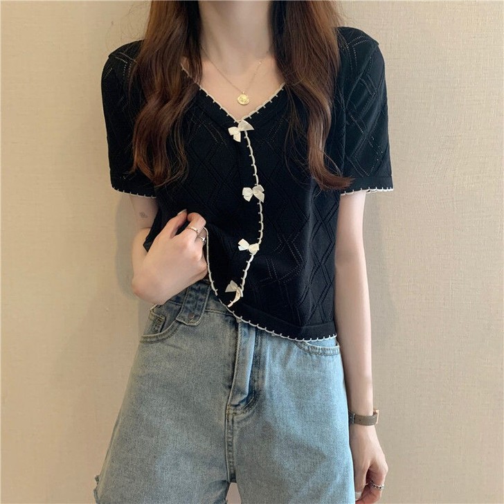 蝴蝶结洋气V领短袖宽松上衣设计感小众冰丝针...