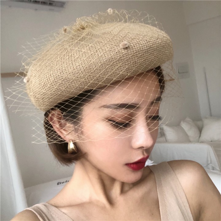 贝雷帽女春夏优雅网纱蓓蕾帽文艺复古日系画家...